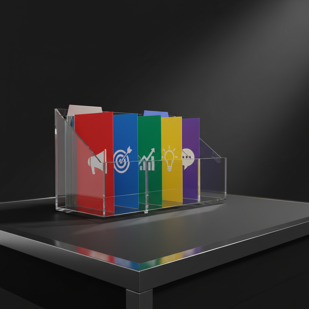A close-up of a sleek, transparent acrylic desk organizer containing vibrant, color-coded folders stamped with clear, white marketing icons, such as megaphones and targets. The organizer sits on a pure matte-black surface with thin, chrome trims reflecting subtle light. A single, high-powered spotlight from the upper right casts crisp, controlled shadows and sharp reflections, emphasizing the organizer’s contours. The background fades into minimalist darkness, isolating the subject. Shot at a low, slightly angled perspective, this image is clean, polished, and dynamic with photographic sharpness, capturing the precise and professional energy of a results-driven marketing agency.