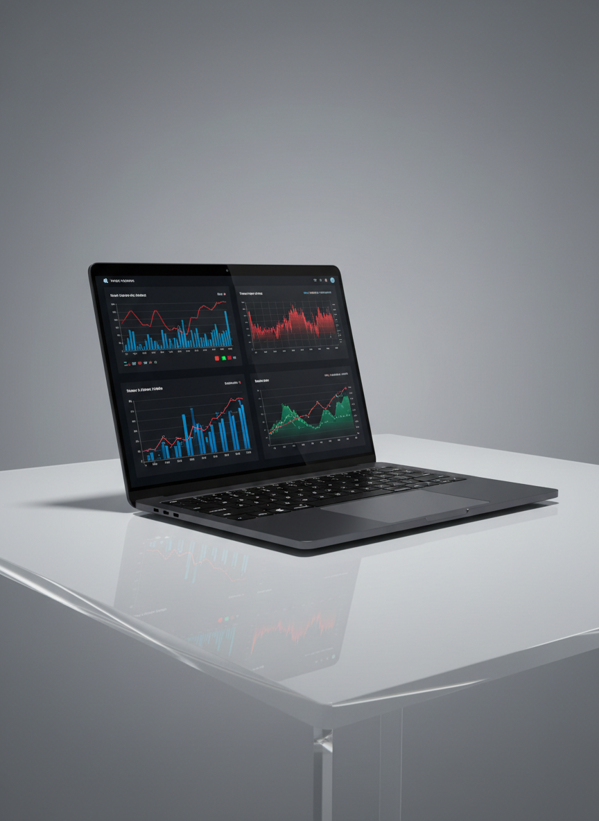 A sophisticated open laptop with a high-gloss, deep charcoal finish displaying a detailed digital dashboard featuring analytics graphs in bold red, blue, and green accents. The laptop rests on a flawless, white acrylic tabletop with subtle reflections and no visible clutter. Strong overhead lighting produces a dramatic play of light and shadow across the laptop and surface, with edges illuminated for visual power. The background is minimalist and fades gently to soft gray, ensuring complete focus on the technology. Framed with slight asymmetry and moderate depth of field, this image projects innovation, clarity, and a bold, business-forward mindset in a clean and modern photographic style.